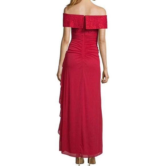 Betsy & Adam Ruched Off the Shoulder Gown Dress Red Size 6 - Picture 2 of 12